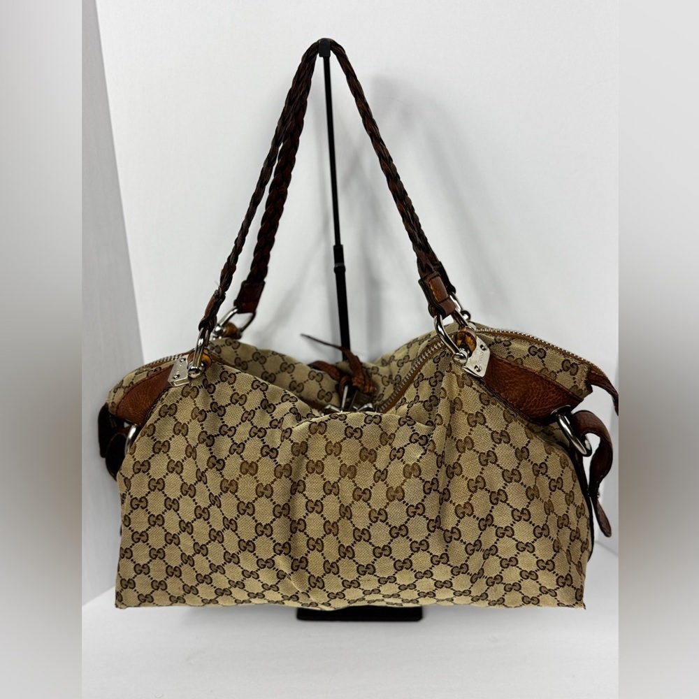 Gucci Tan and Brown Monogram Silver Hardware Shoulder Bag - Picture 7 of 12